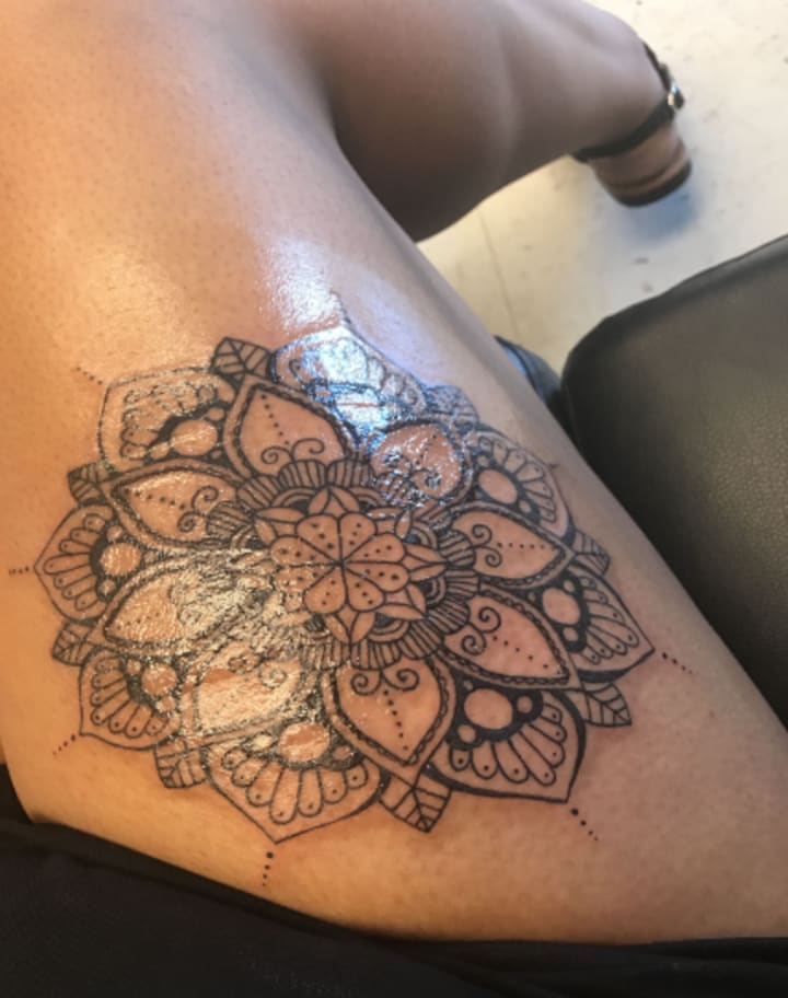 Fun hipthigh mandala style lotus piece  OM MY GOD Tattoo  Facebook