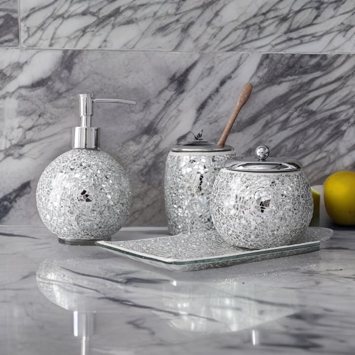 Silver Bathroom Accessories Set Complete - Mosaic Glass Bathroom