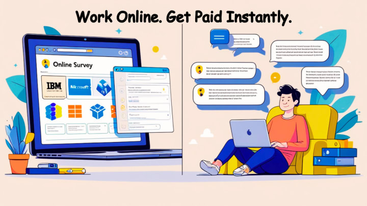 Person working online at home with surveys and chats.