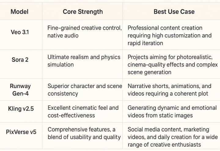 A Deep Dive into Veo 3.1, Sora 2, Runway Gen-4, Kling v2.5, and PixVerse v5