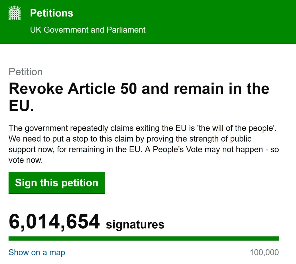Brexit: Article 50 Petition Calling for Brexit to Be Cancelled Reaches 6 Million Signatures Ahead of Parliament Debate Brexit: Article 50 Petition Calling for Brexit to Be Cancelled Reaches 6 Million Signatures Ahead of Parliament Debate