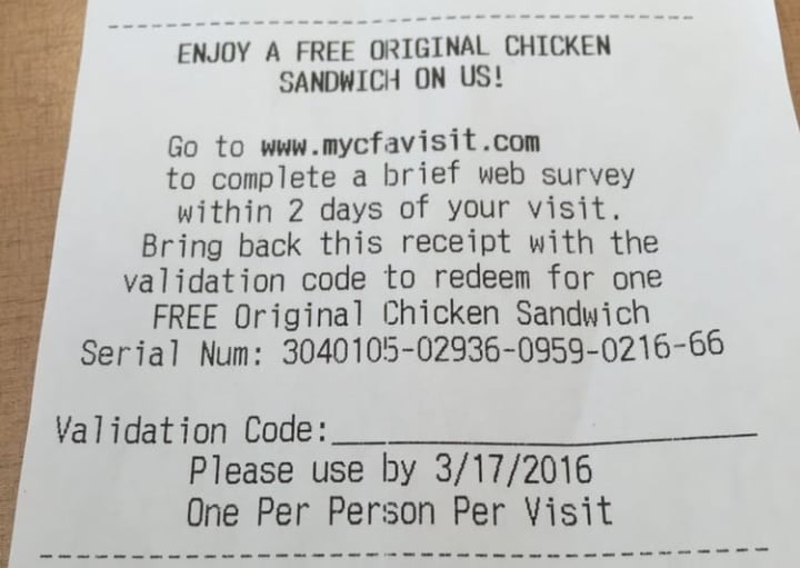 ChickFilA Receipt Serial Number / Mycfavisit Chick Fil A Survey Free