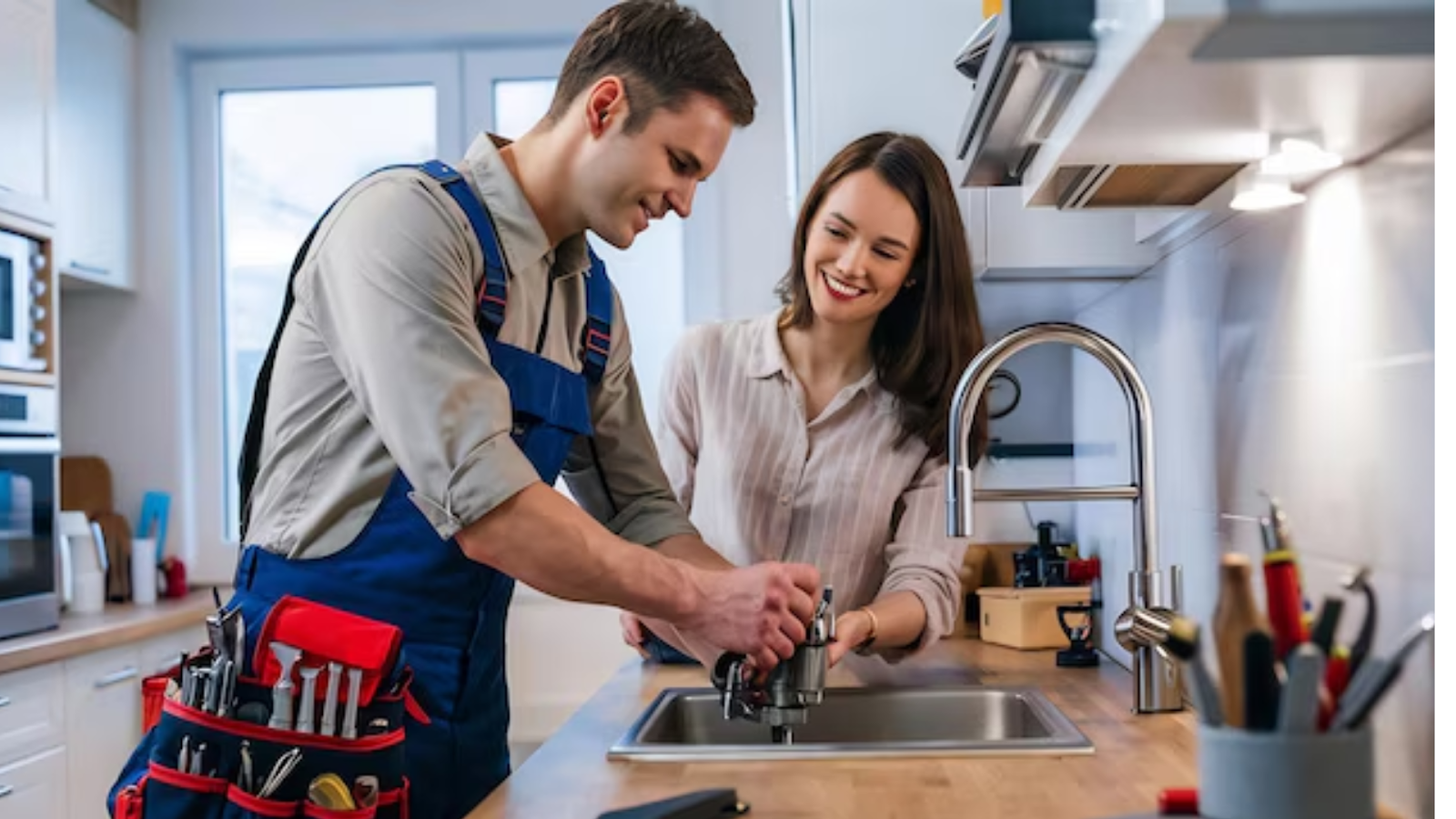 Plumber working in a modern kitchen with a homeowner