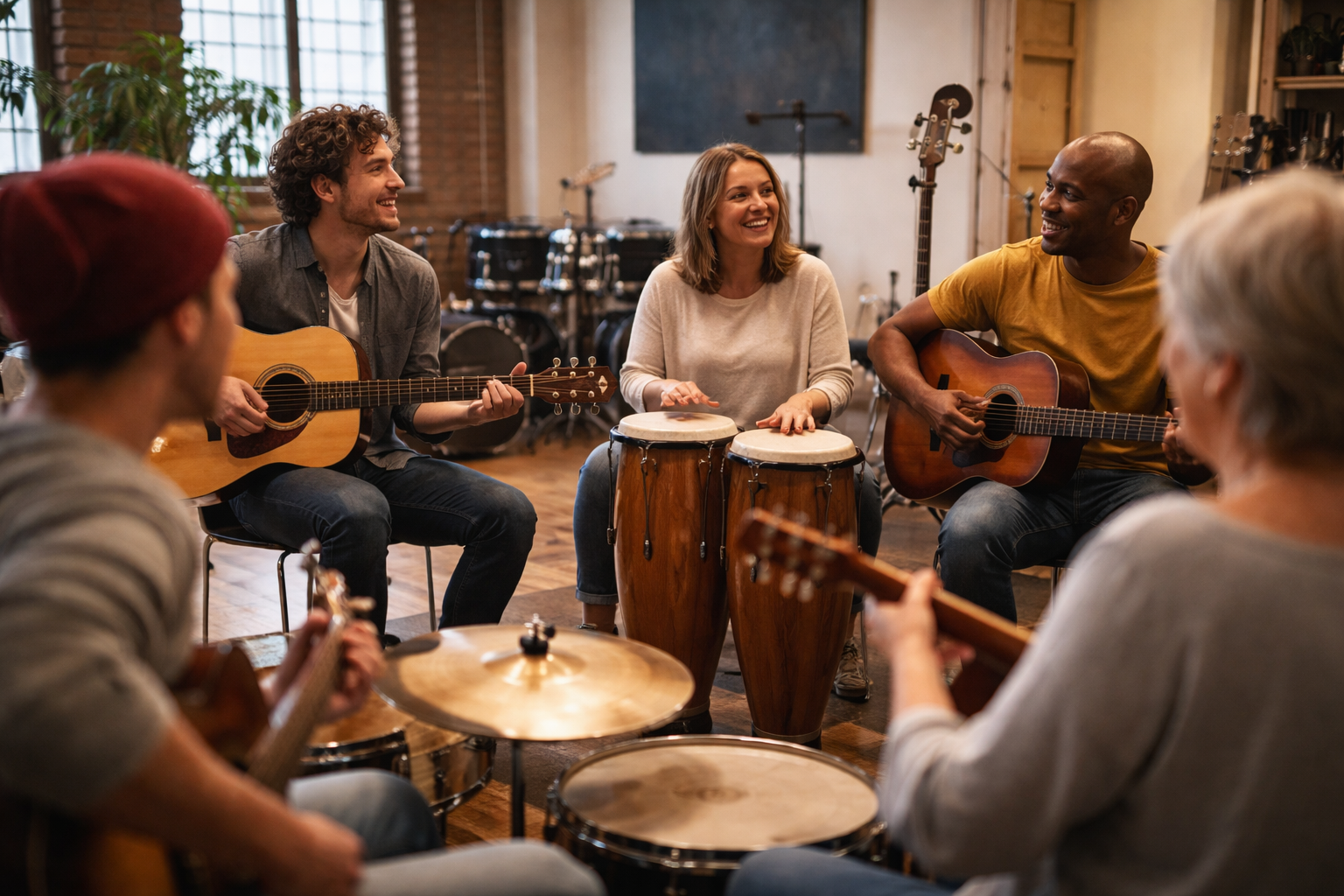 A group of musicians playing together in a community music session