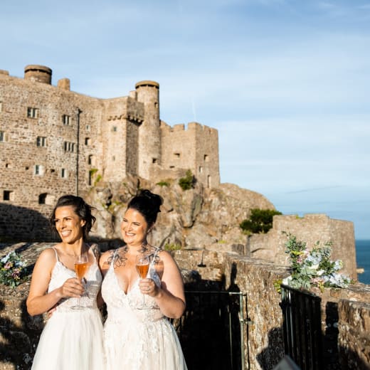 Mont Orgueil Castle brides in castle grounds castle in background 4