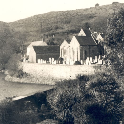 Monochrome view of St Brelade's Church from La Rocquaise