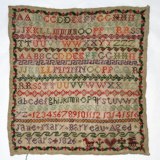 A sampler showing a colourful alpabet