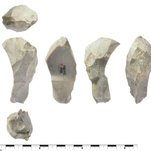 A broken Neanderthal tool shown in six photos