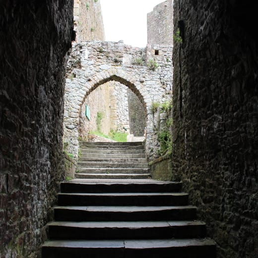 A wide outdoor stone staircase