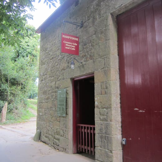 Red doors in a stone building