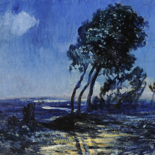 A painting of trees in moonlight