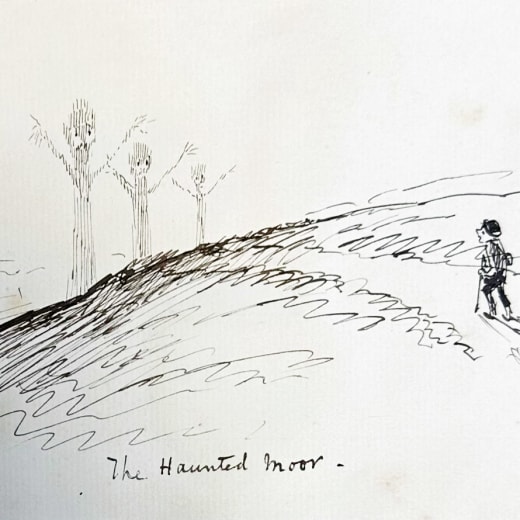 a drawing of a person and their dog