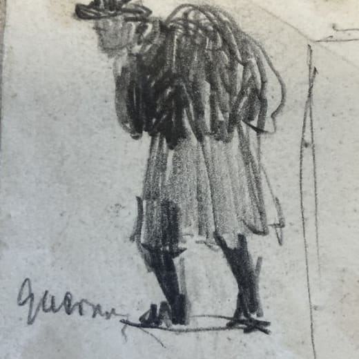 Drawing of a person with a hat doing low water fishing