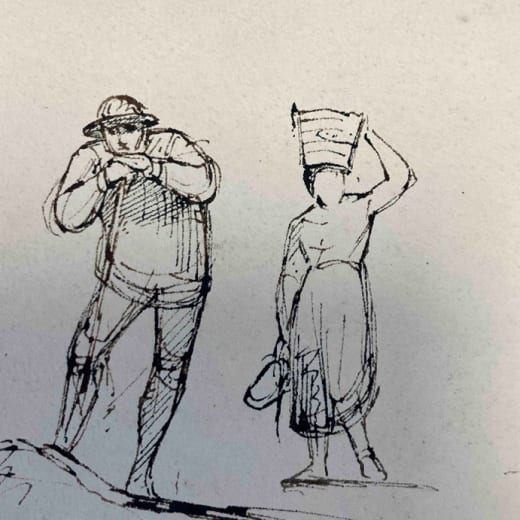 Drawing of two people doing low water fishing.
