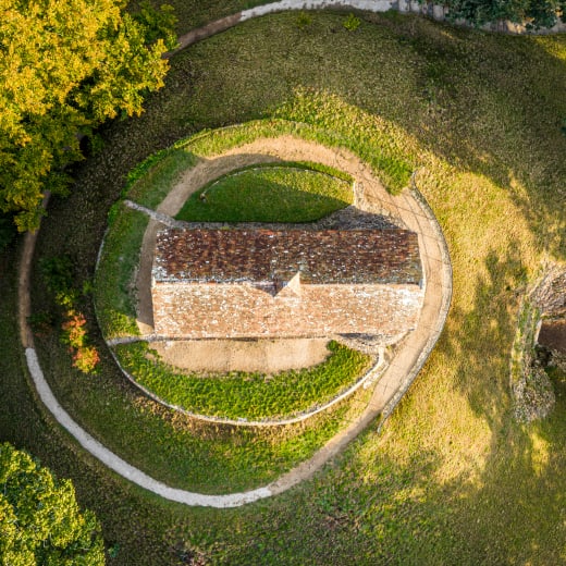 An aerial image of a chapel on a hill