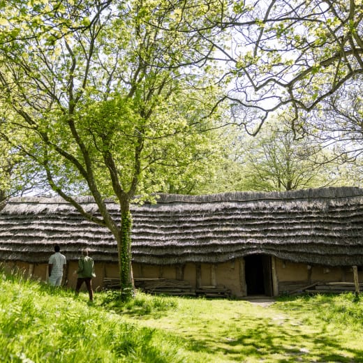 A thatched building with trees in the front