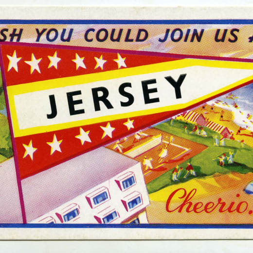 A colourful postcard with a flag saying 'jersey'