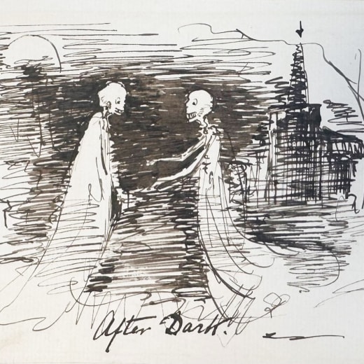 a sketch of ghostly creatures meeting, in black and white