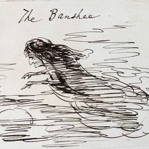 a sketch of a ghostly creature in black and white