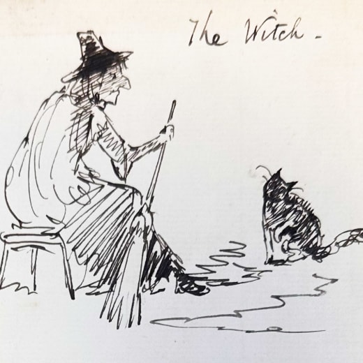 A sketch of a witch and black cat in black and white