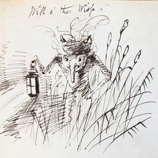a sketch of a mythical creature in the grass, in black and white