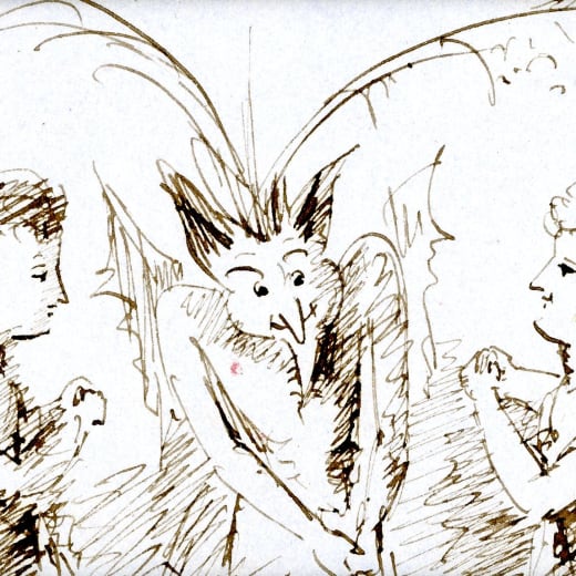 A sketch of mythical beasts in black and white