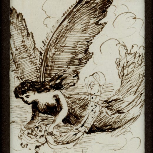 A sketch of a mythical woman with wings in black and white