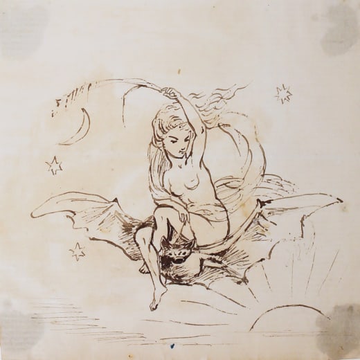 A sketch of a mythical woman in black and white