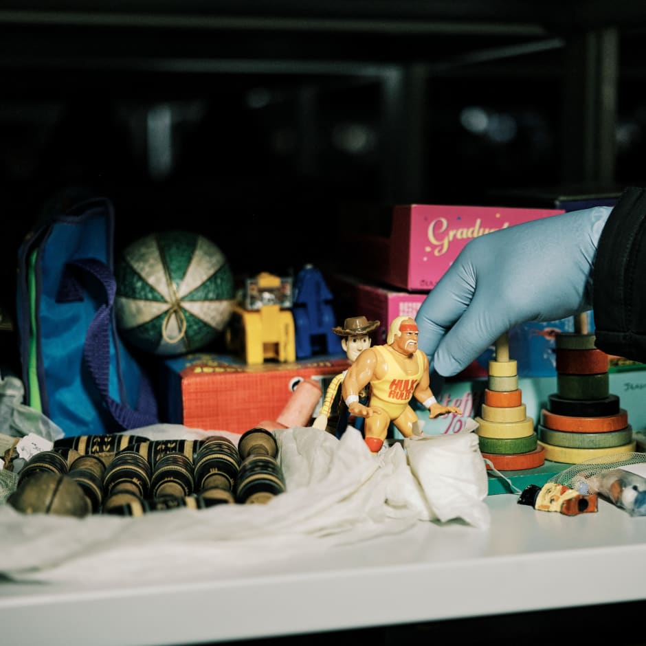 Sir Francis Cook toys on shlef with hand going to get one