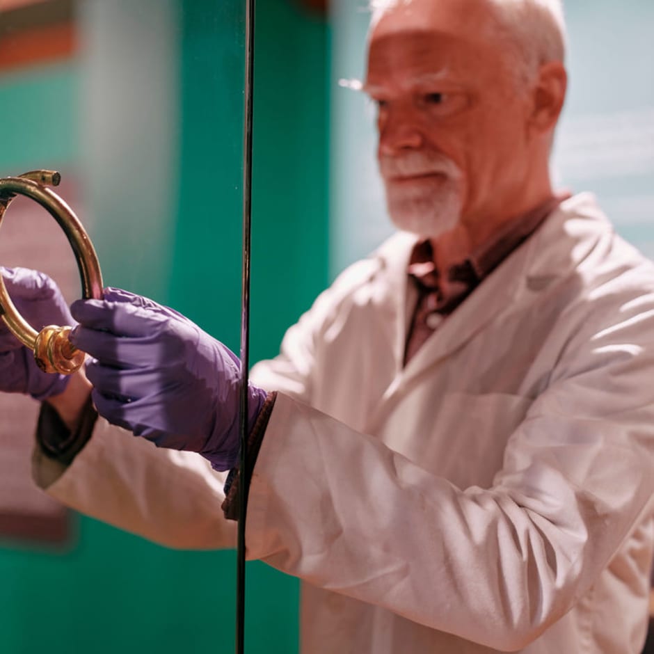 Man in white coat and protective gloves hangs a gold torque in a display case