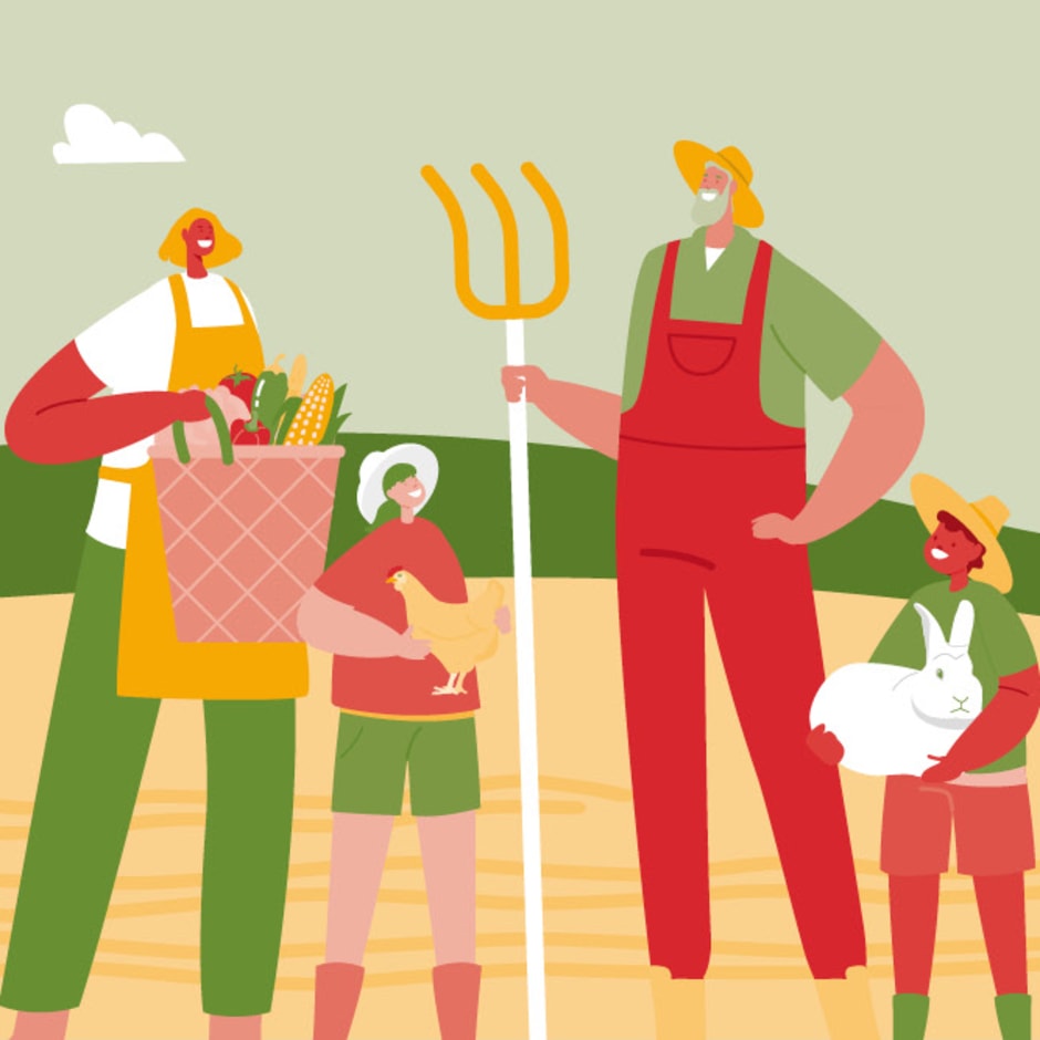 Animation of people on a farm