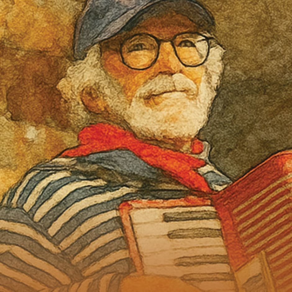 Man plays an accordion.