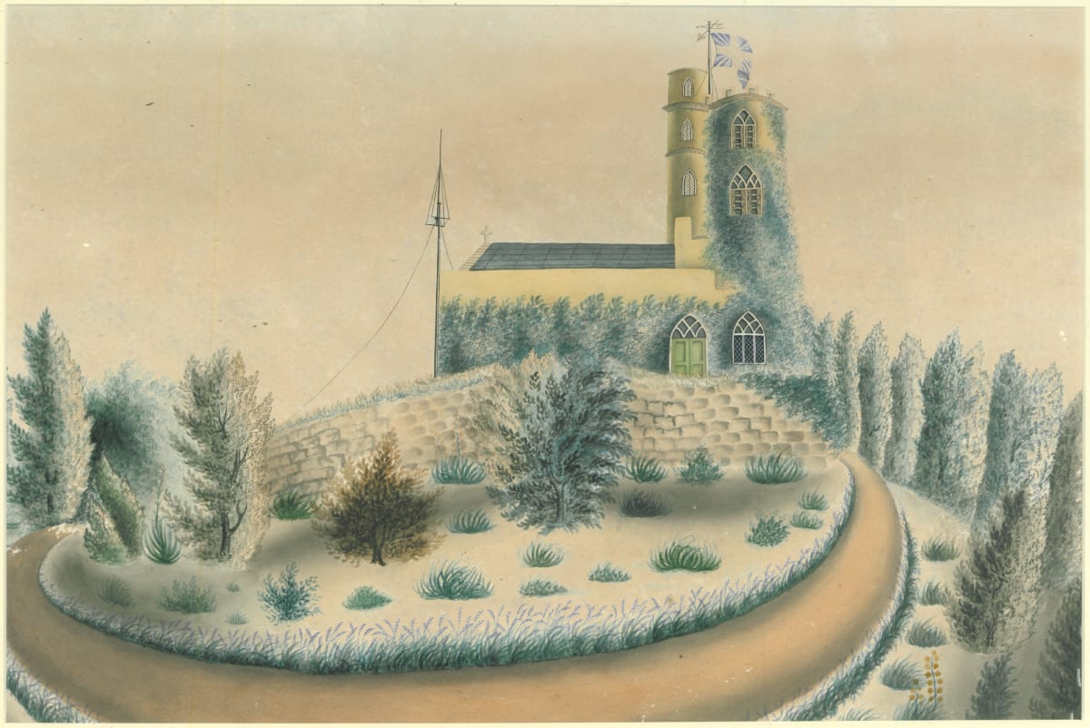 Postcard of a tower in the woods