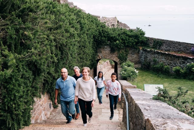 Mont Orgueil Castle walking up steps