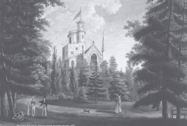 Black and white drawing of a gothic tower surrounded by trees