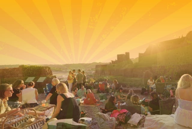 People picnic at a castle with drawn sun's rays in the background