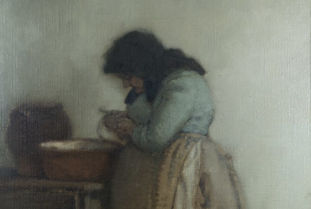 Drawing of an old women peeling potatoes