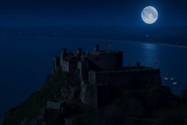 Moonlit Fortress Overlooking Calm Bay