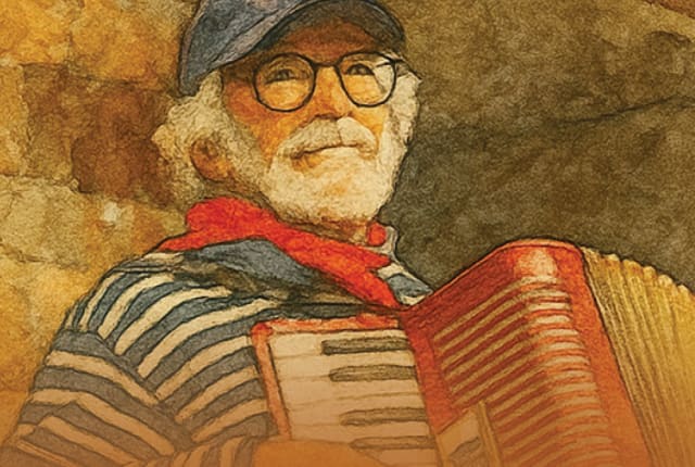 Man plays an accordion.