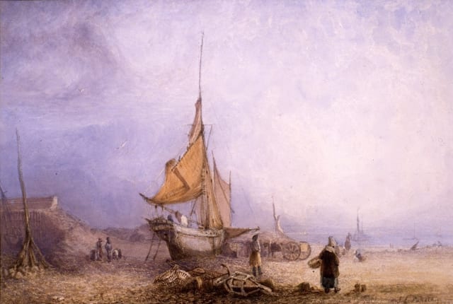 A painting of a moored boat in a bay as people do low water fishing.