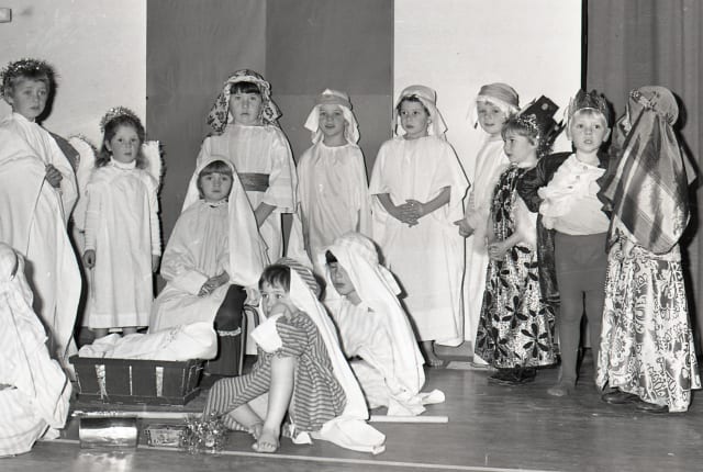 A black and white school nativity scene