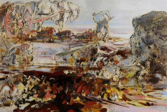 A painting of someone collecting seaweed