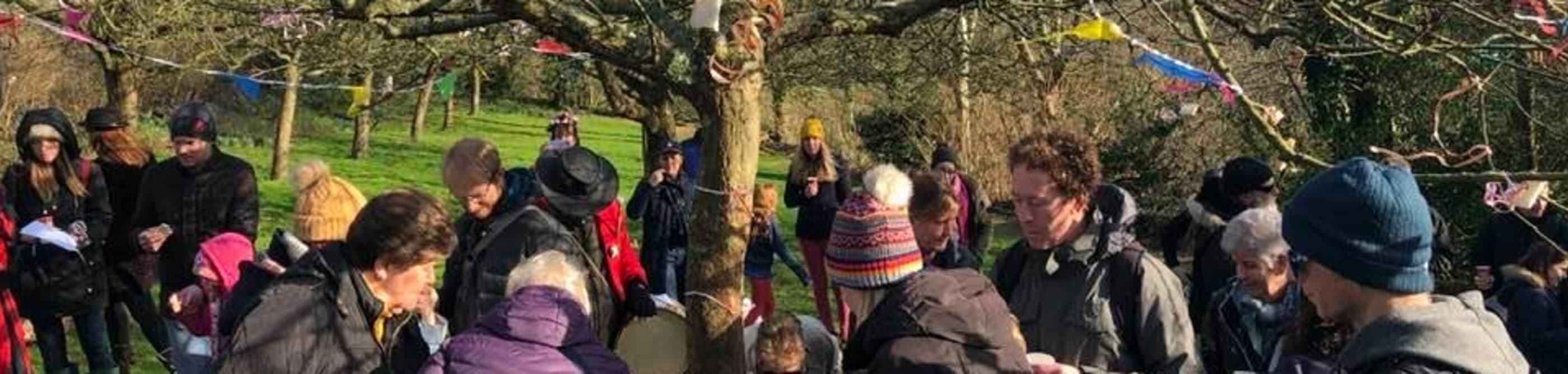 A group of people around a tree