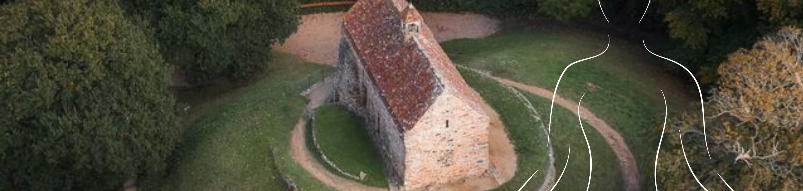 A chapel in a green space with an outline of a person doing yoga