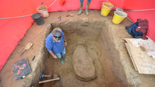 Man stands in large dug area removing the coin hoard