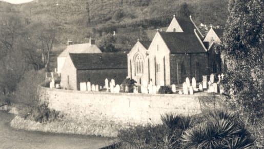 Monochrome view of St Brelade's Church from La Rocquaise