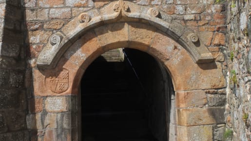 Sir Walter Raleigh's coat of arms above an archway at Elizabeth Castle