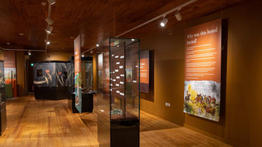 Exhibition cases at La Hougue Bie Celtic Coin Hoard exhibition