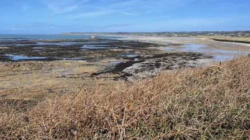 View from the headland out to the sea with a blue sky