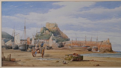 A painting of low water fishing and oyster fishing on a bay by a castle